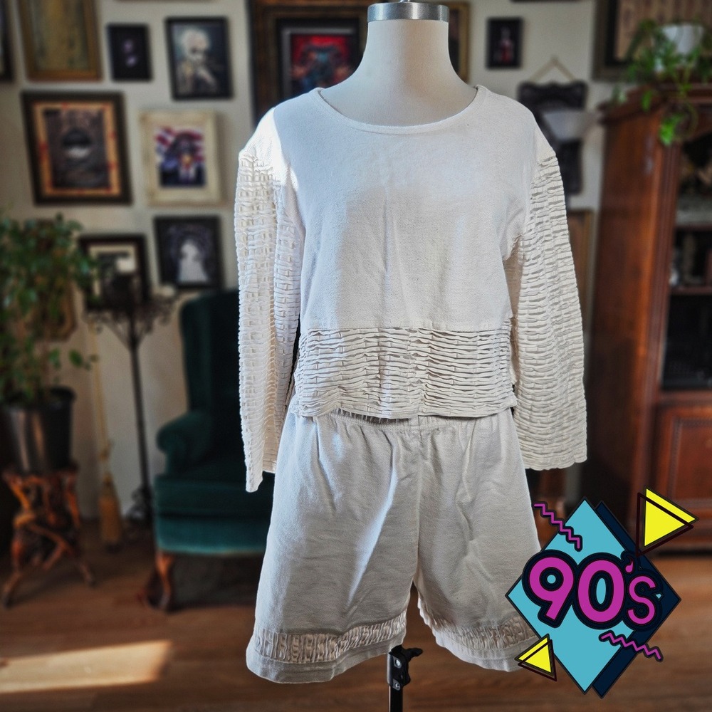 Vintage 90s KHLA Two Piece Set Women XL White Cotton Crop Top Shorts Loungewear